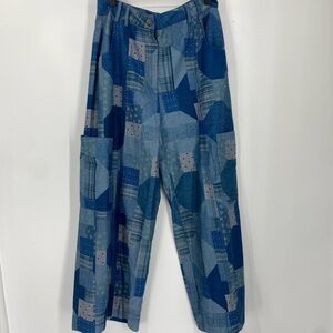 Johnny Was Workshop Wide Leg Printed Denim Patchwork Trousers SZ 6 NEW